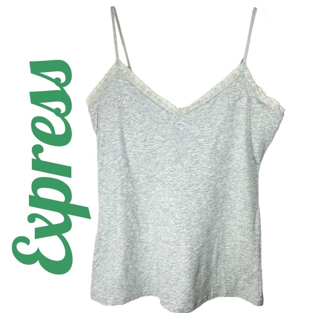 EXPRESS Y2K BABY TANK EMBROIDERED LACE TRIMโ HEATHER GRAY, SIZE MEDIUM